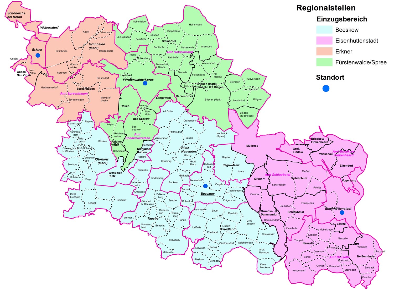 Karte der Einzugsbereiche der Regionalstellen des kommunalen Jobcenters Pro Arbeit - Gesamtübersicht