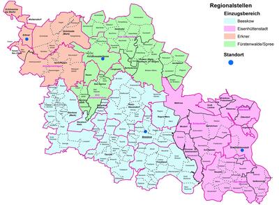 Karte der Einzugsbereiche der Regionalstellen des kommunalen Jobcenters Pro Arbeit - Gesamt&uuml;bersicht