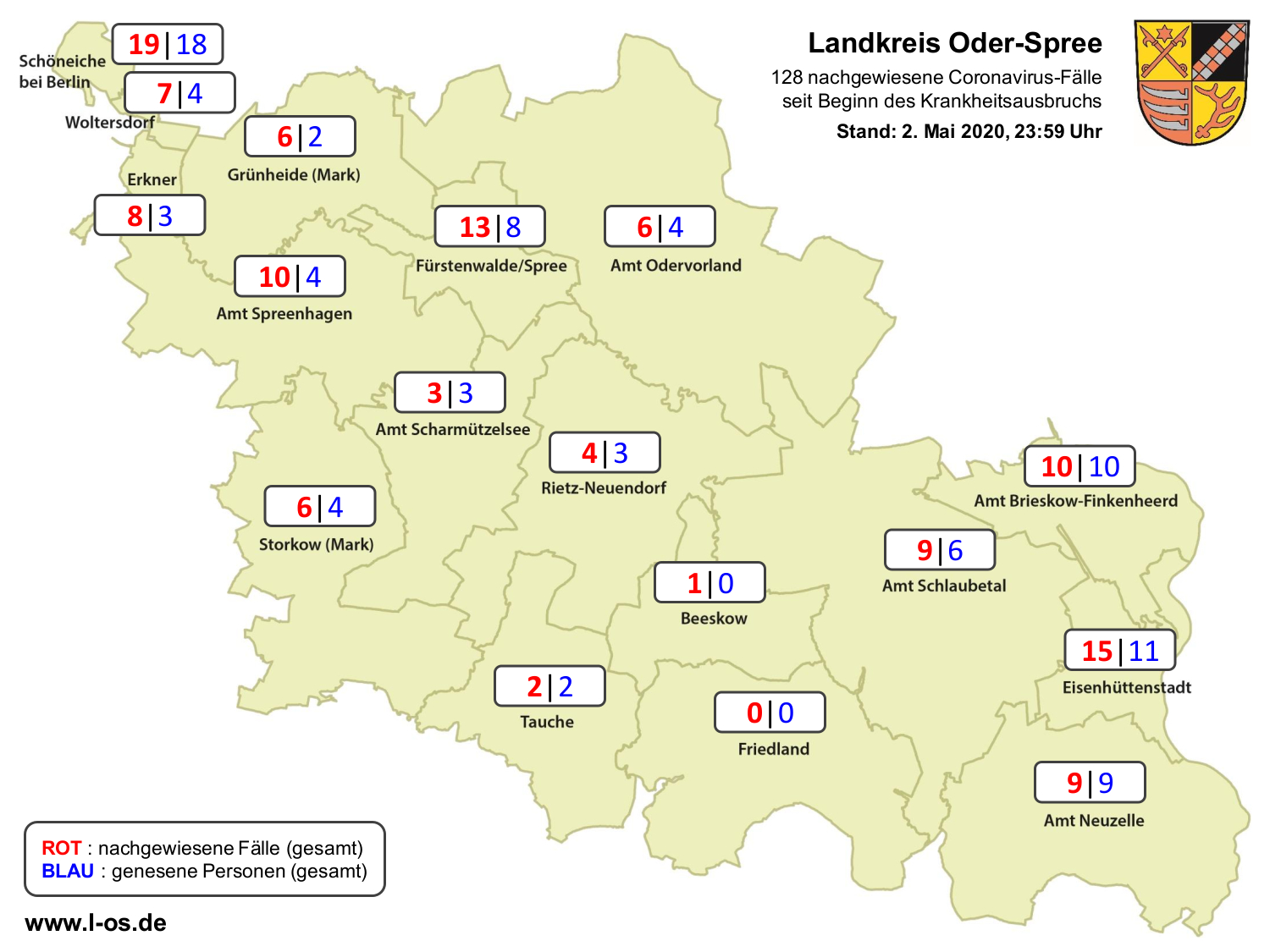 Corona-Ausbreitung im Landkreis Oder-Spree (Fallzahlenkarte)