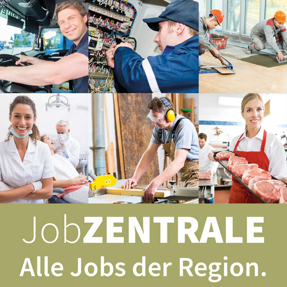 Jobzentrale Landkreis Oder Spree, Fotos von Menschen bei verschiedenen Arbeitsstellen, sowie Schriftzug: JobZENTRALE, Alle Jobs der Region.