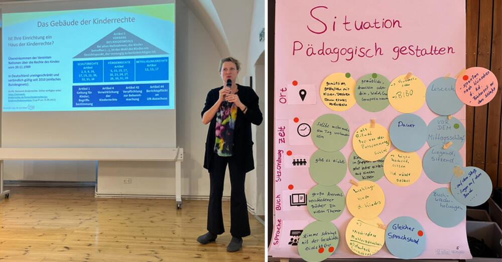links: Bianka Pergande Gesch&auml;ftsf&uuml;hrerin der Deutschen Liga f&uuml;r das Kind e.V. und Sprecherin des National Coalition Netzwerk zur Umsetzung der Kinderrechte in Deutschland. Er&ouml;ffnungsvortrag "P&auml;dagogische Alltagssituationen gestalten: Vom Recht der Kinder auf Schutz zum Schutz der Rechte von Kindern". rechts: Ergebnisse aus dem Workshop: dialogische, partizipative Buchbetrachtung unter Leitung von Hannah Kavanagh, Hannah Dittmer, Rachel Jann Masterstudentinnen Fr&uuml;hkindliche Bildungsforschung an der Fachhochschule Potsdam und an der Universit&auml;t Potsdam