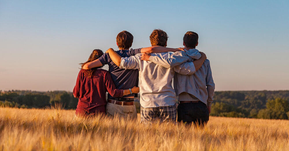 Vier junge Leute stehen mit den Armen verschr&auml;nkt im Sommer in einem Kornfeld.