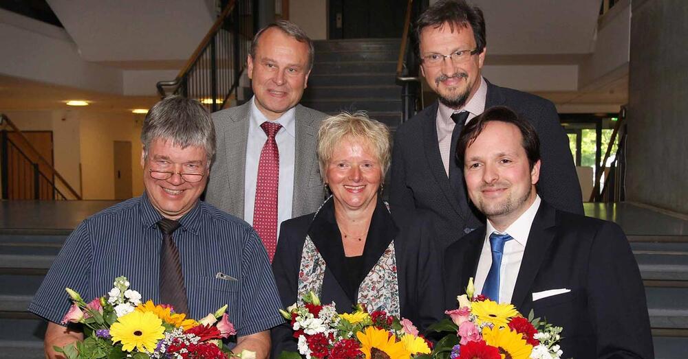 ranz H. Berger, mit den vom Kreistag Oder-Spree am 21. Juni 2017 gew&auml;hlten Beigeordneten: Sascha Gehm (Erster Beigeordneter), Gundula Teltewskaja (Beigeordnete f&uuml;r L&auml;ndliche Entwicklung) und Michael Buhrke (Beigeordneter f&uuml;r Finanzen und Innenverwaltung).