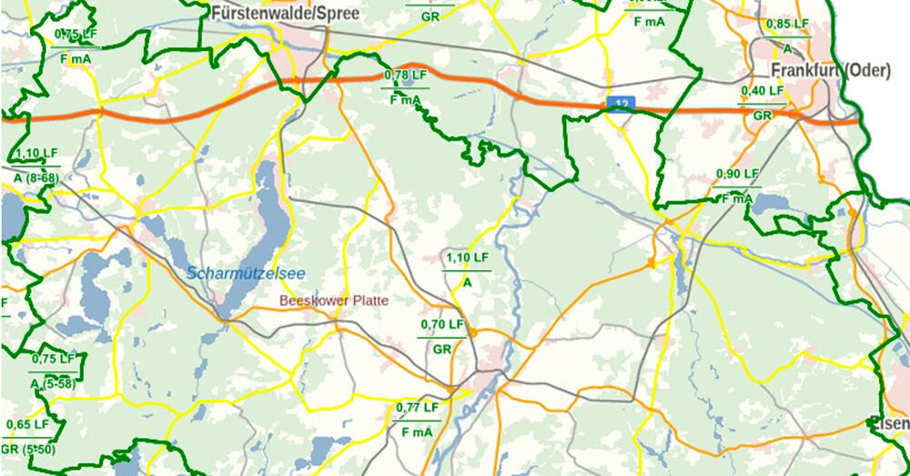 Kartenauszug des Landkreises Oder-Spree mit der kreisfreien Stadt Frankfurt (Oder)
